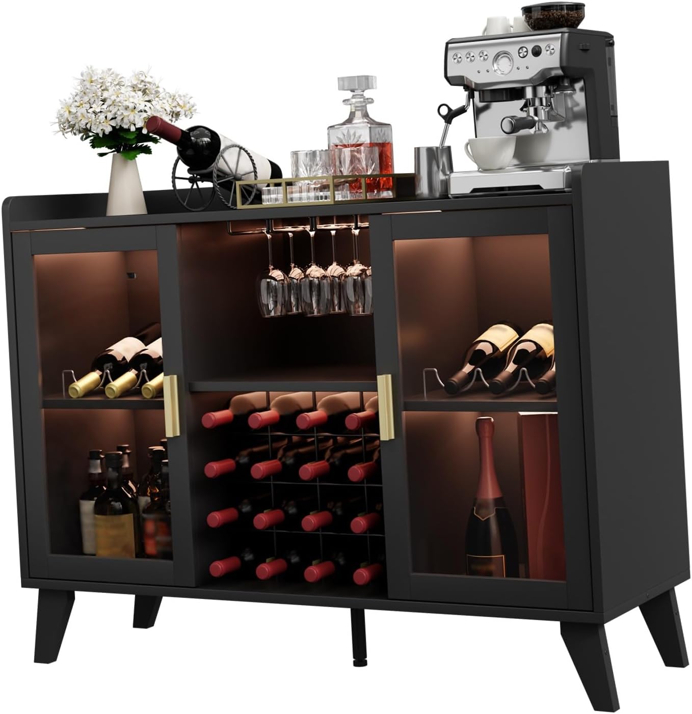 LED‑Lit Wine Bar Storage Cabinet Organizer