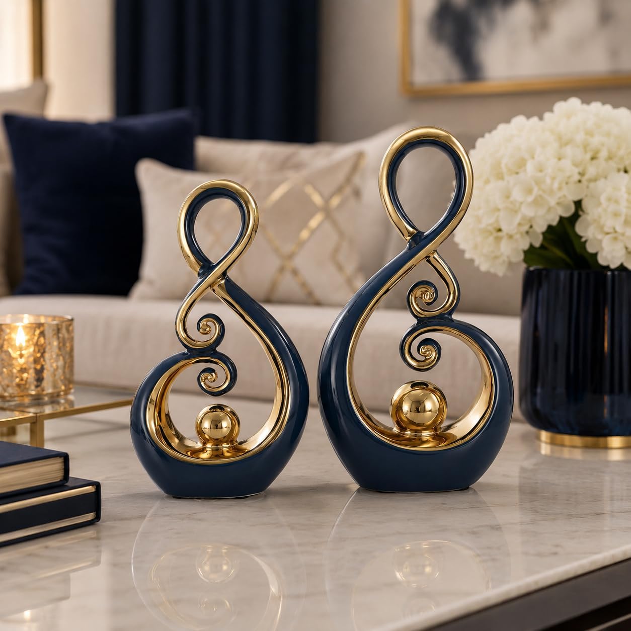 Blue‑Gold Ceramic Abstract Sculpture Set