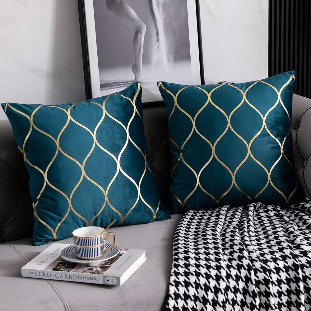 Teal Gold Velvet Pillow Covers 2‑Pack