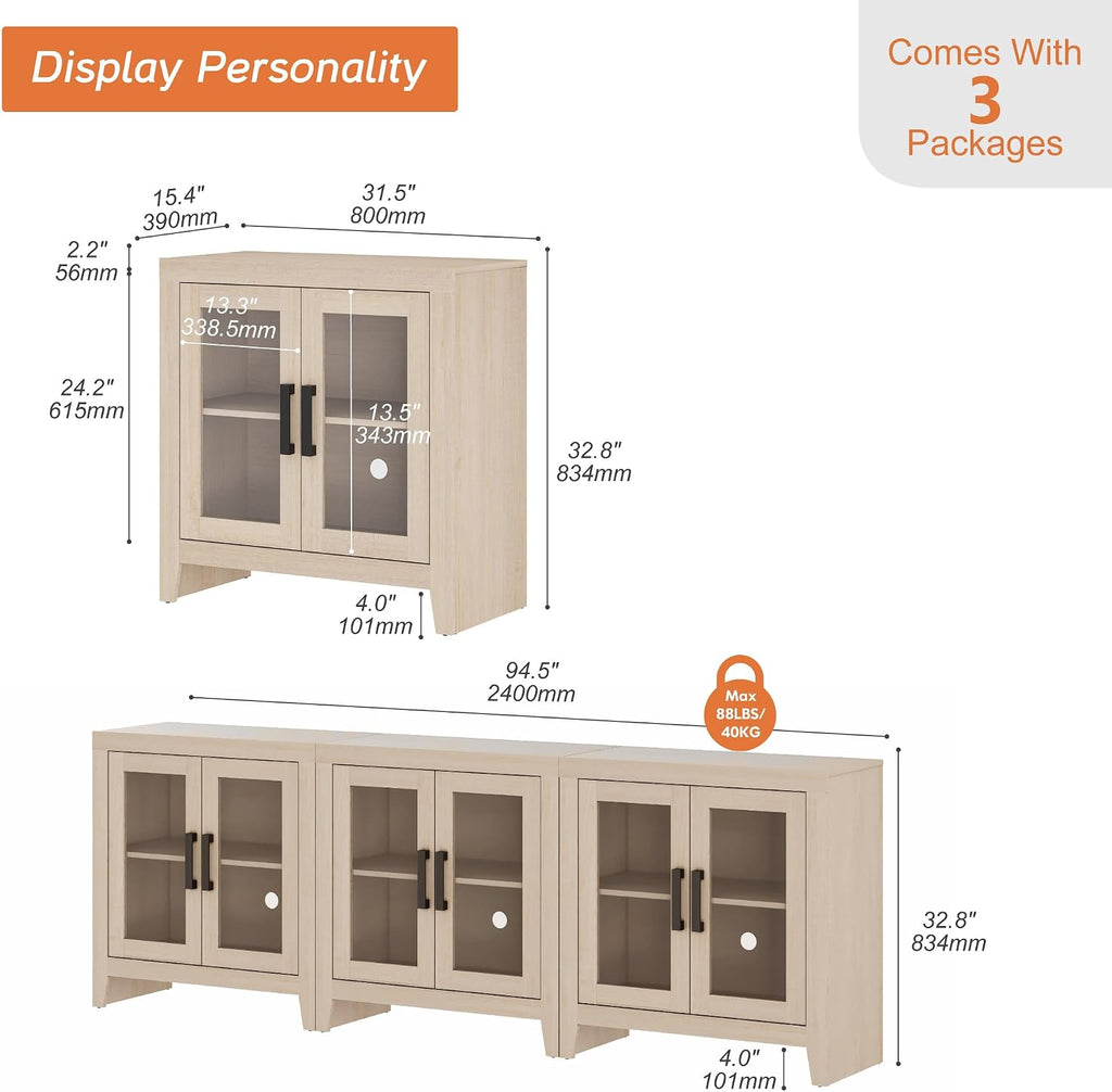 Beige Wood Sideboard Glass‑Door Storage Cabinet