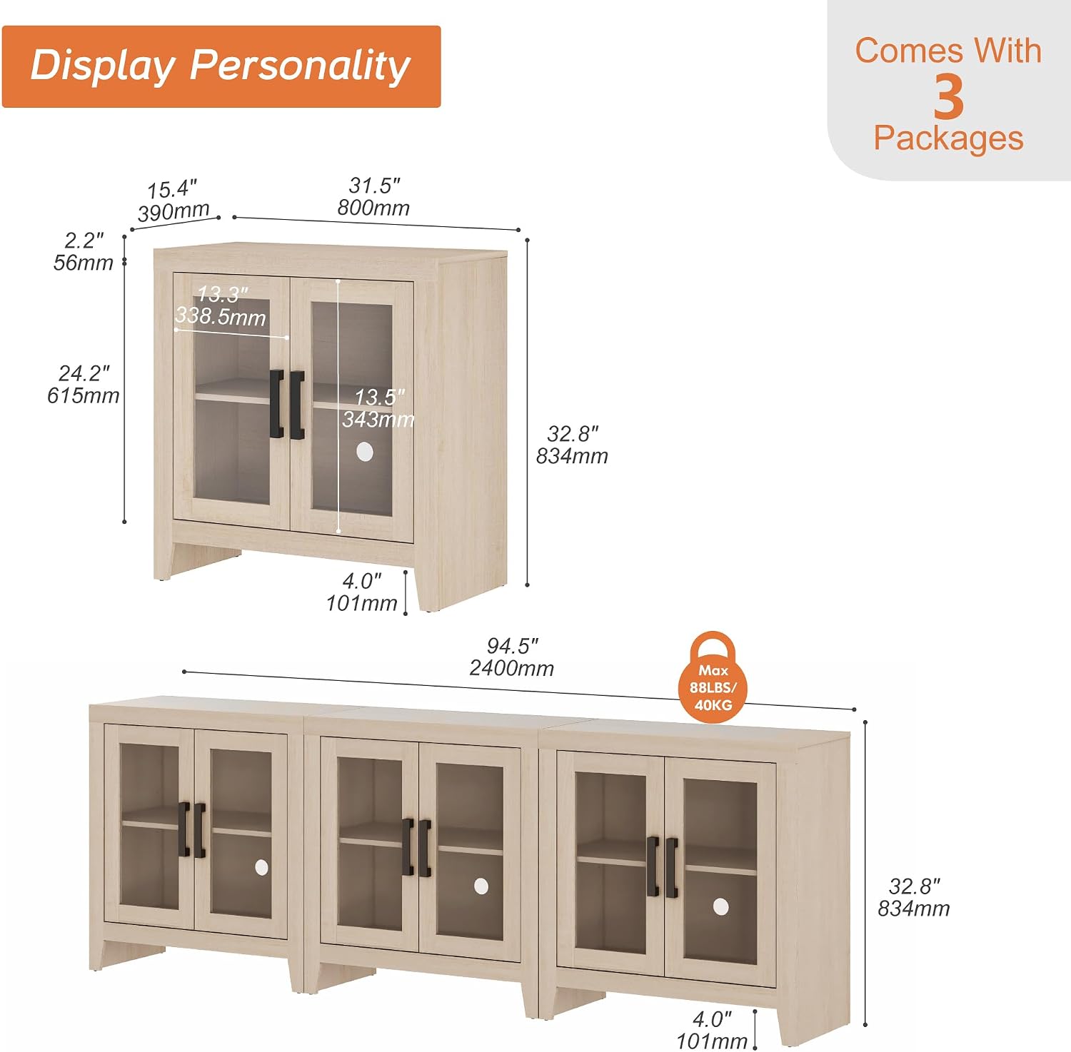 Beige Wood Sideboard Glass‑Door Storage Cabinet
