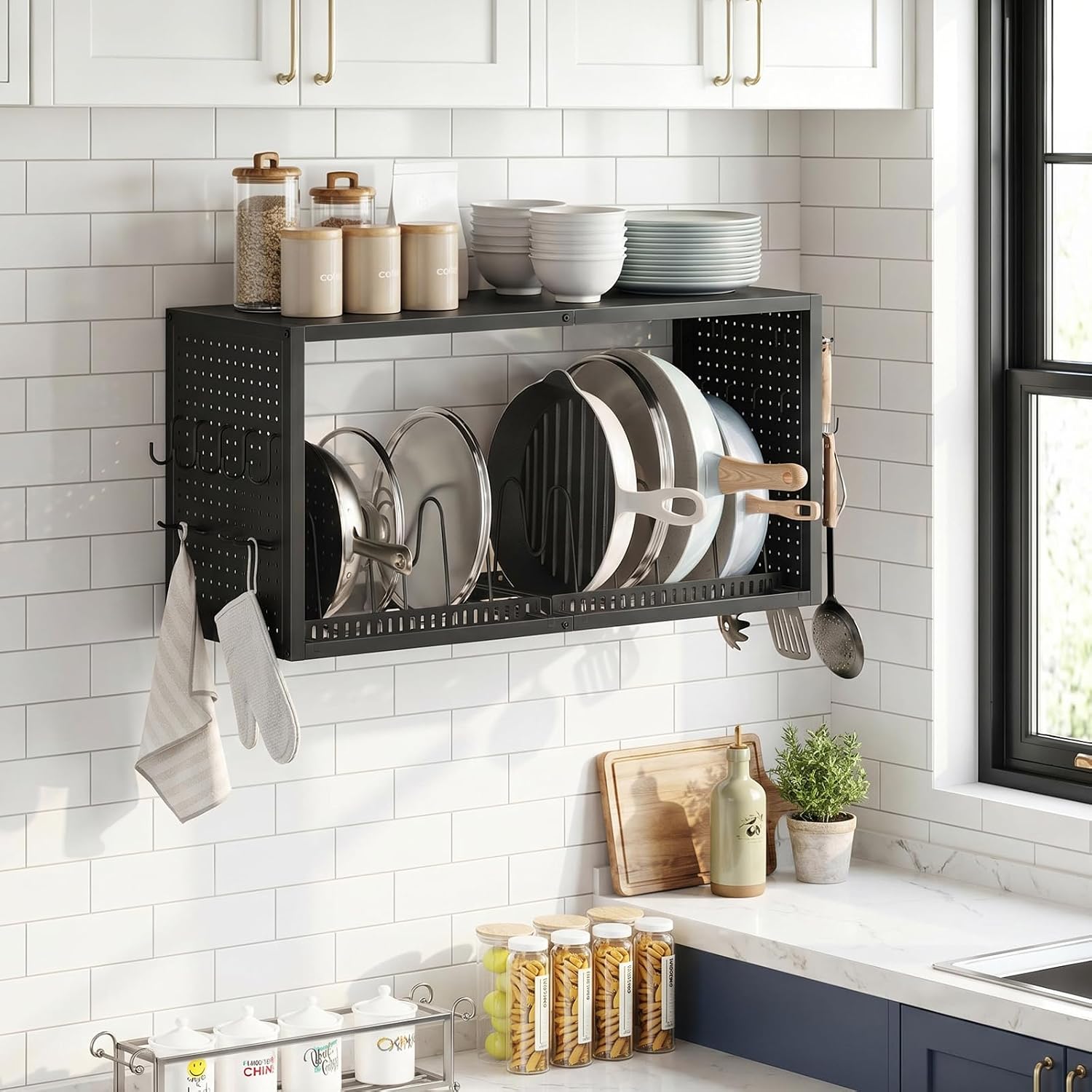 Black Wall‑Mounted Kitchen Pot Rack Organizer