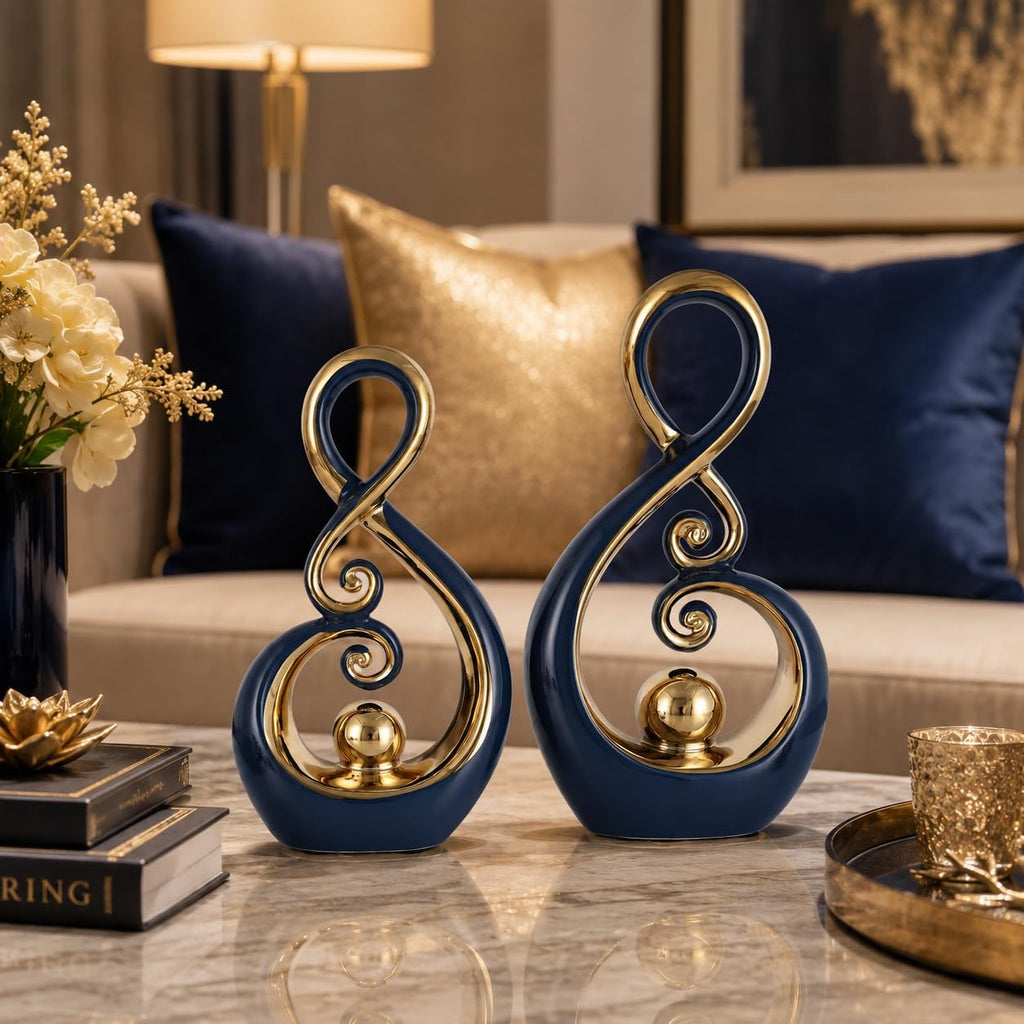 Blue‑Gold Ceramic Abstract Sculpture Set