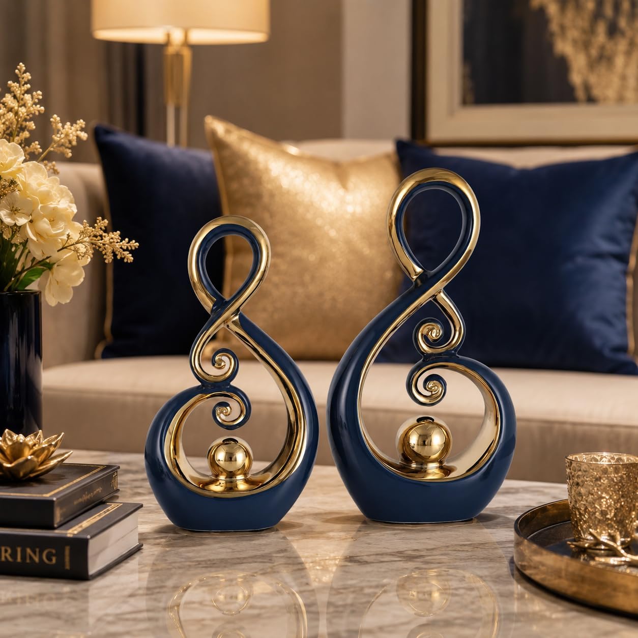 Blue‑Gold Ceramic Abstract Sculpture Set