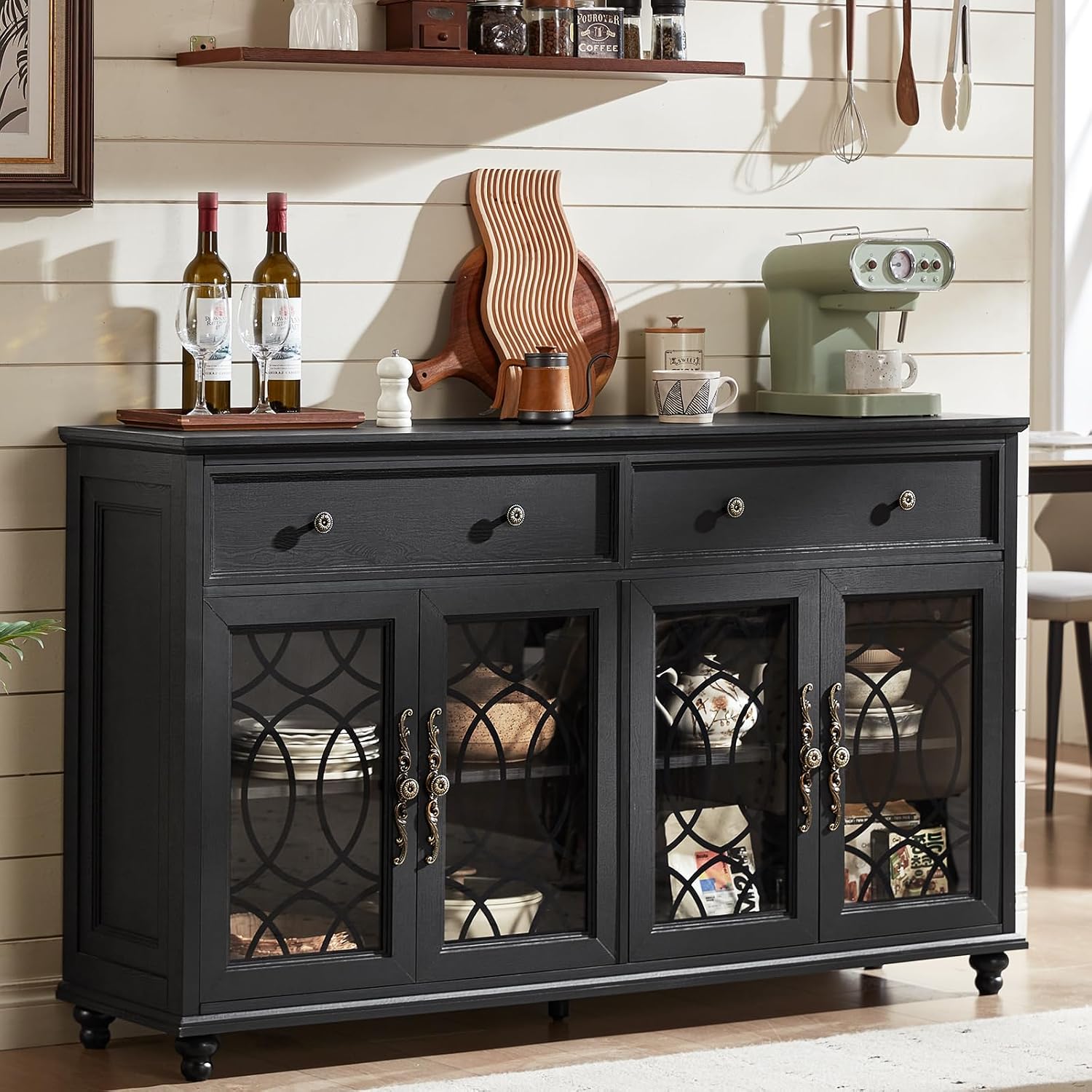 Black Farmhouse Glass‑Door Sideboard Cabinet