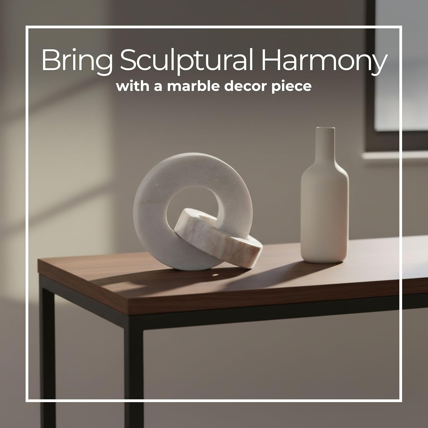 Modern White‑Beige Marble Double‑Ring Sculpture