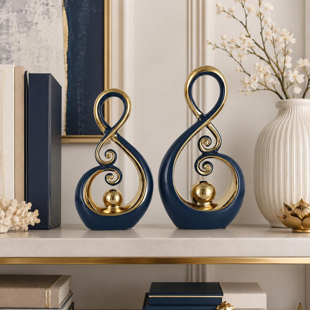 Blue‑Gold Ceramic Abstract Sculpture Set