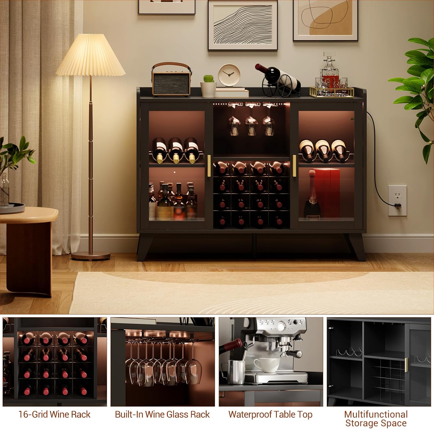 LED‑Lit Wine Bar Storage Cabinet Organizer