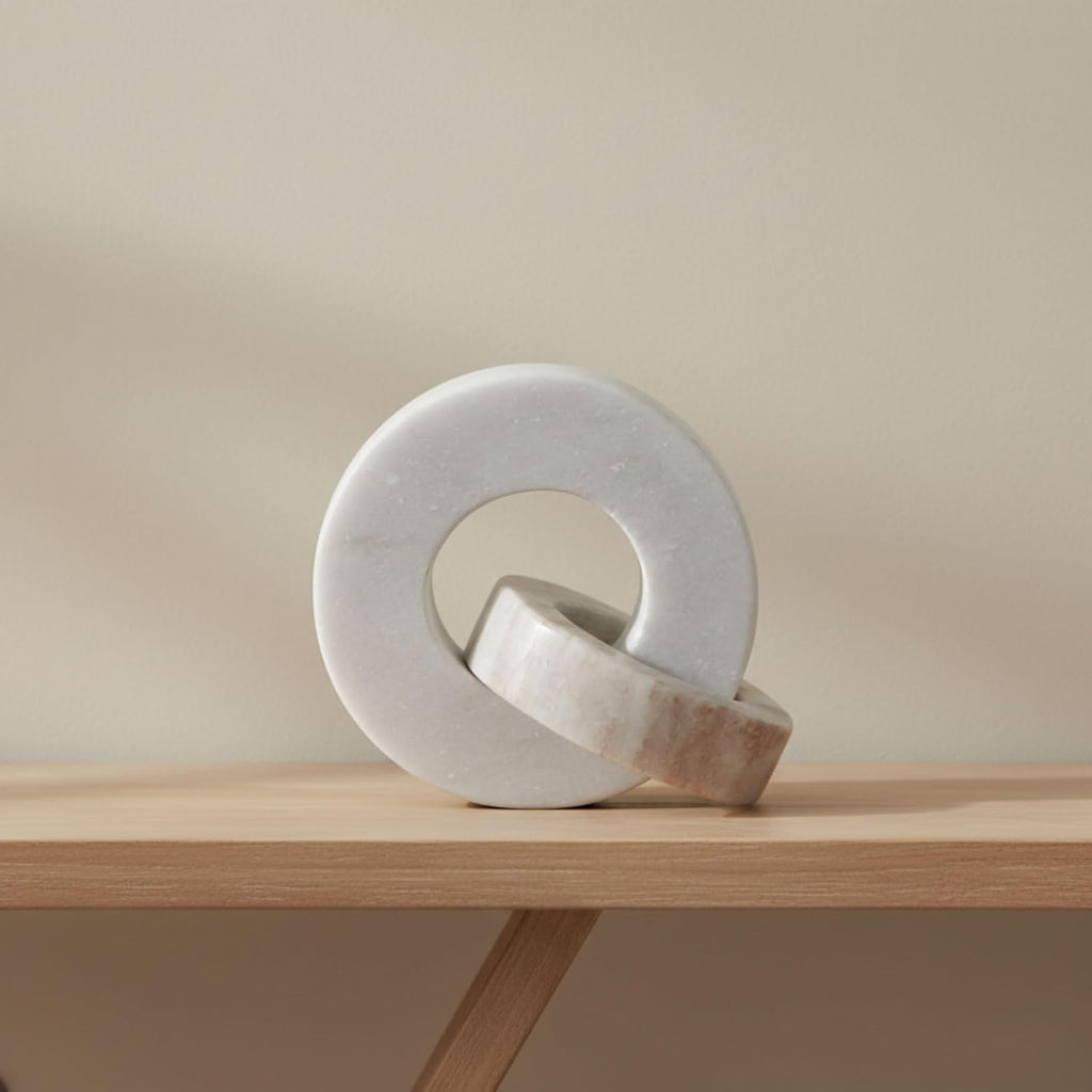 Modern White‑Beige Marble Double‑Ring Sculpture