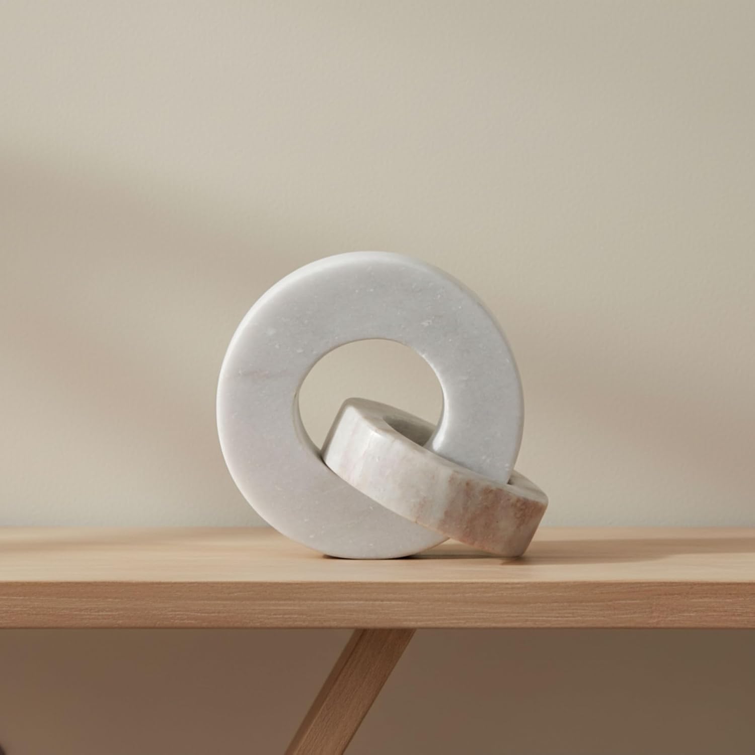 Modern White‑Beige Marble Double‑Ring Sculpture