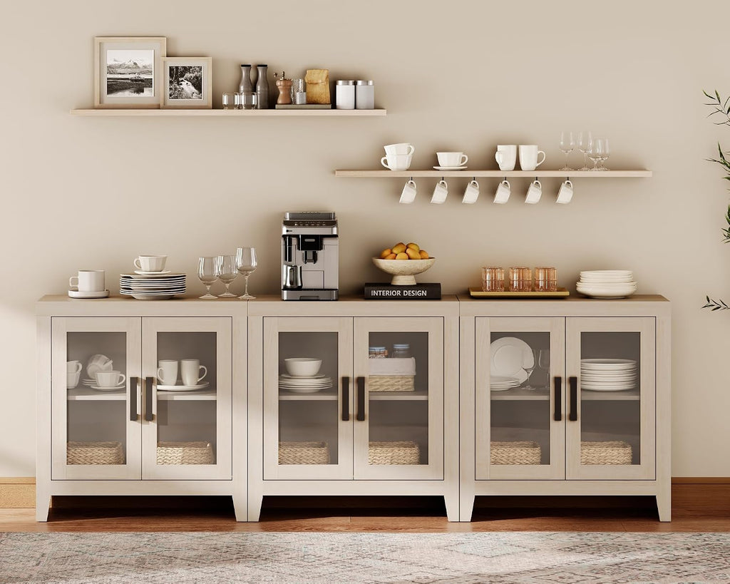Beige Wood Sideboard Glass‑Door Storage Cabinet