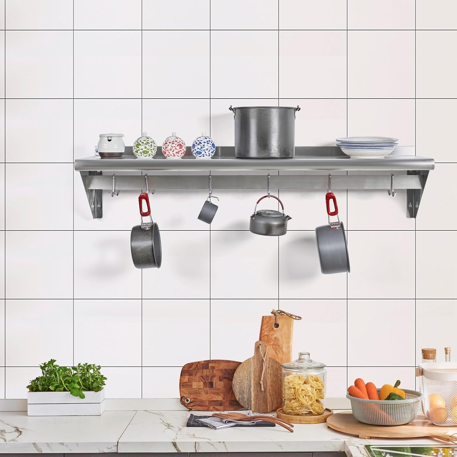Stainless‑Steel Wall Pot Rack With Hooks