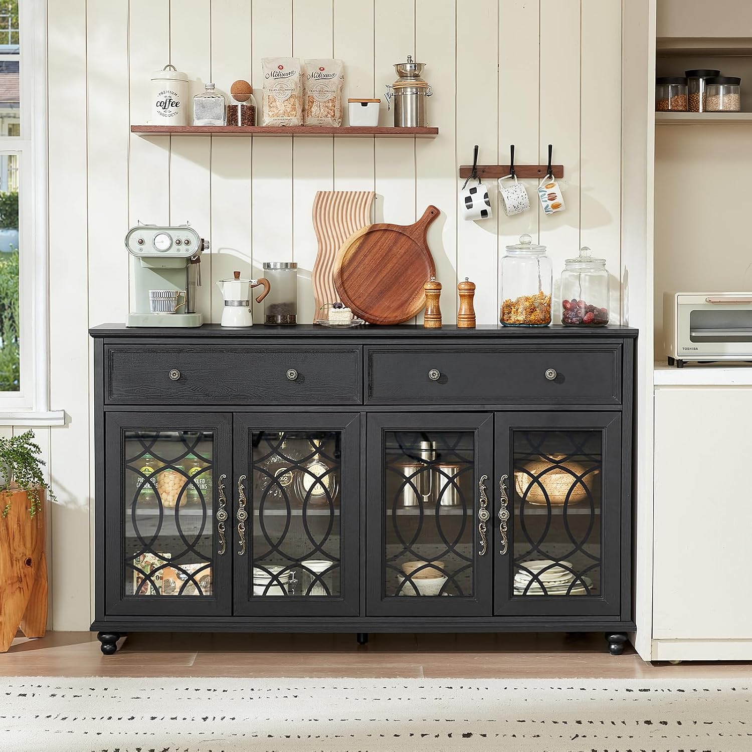 Black Farmhouse Glass‑Door Sideboard Cabinet