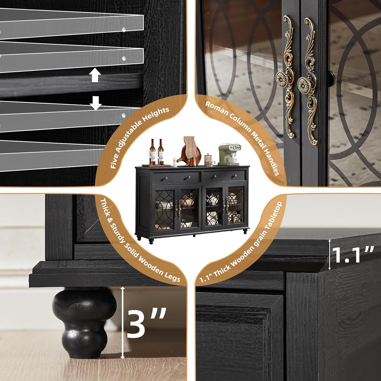Black Farmhouse Glass‑Door Sideboard Cabinet