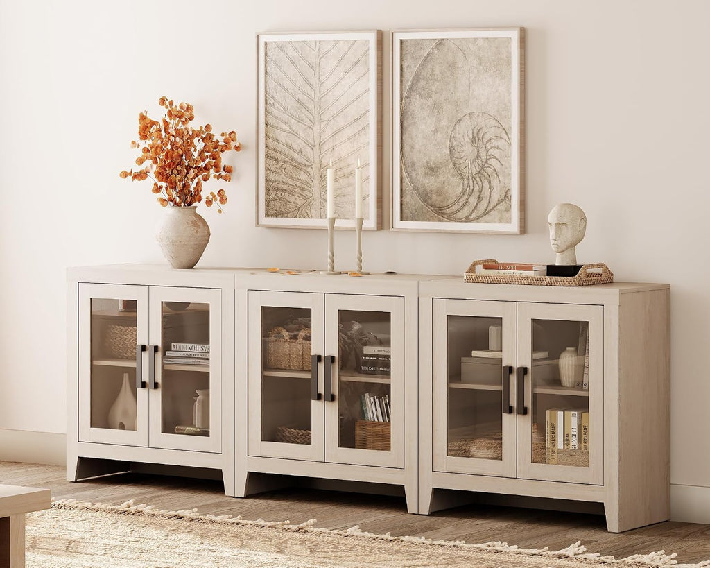 Beige Wood Sideboard Glass‑Door Storage Cabinet