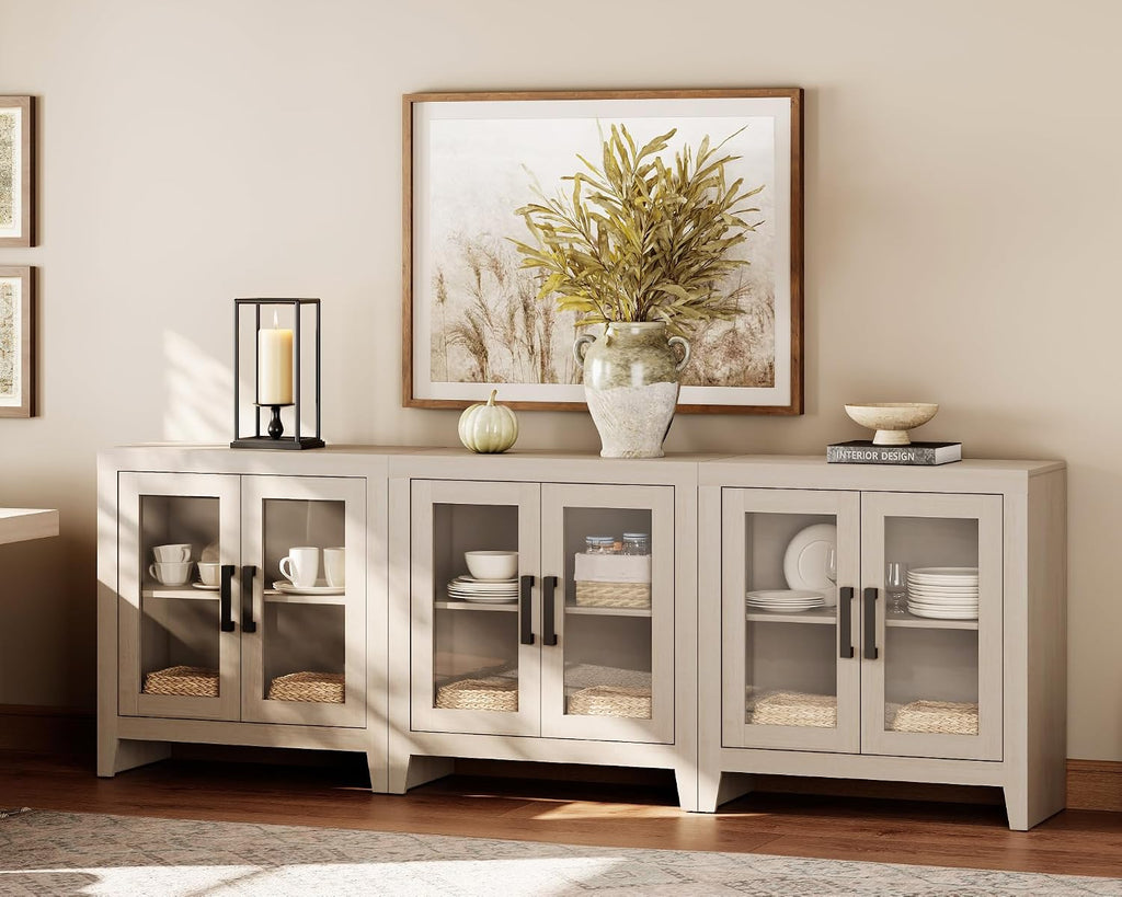 Beige Wood Sideboard Glass‑Door Storage Cabinet