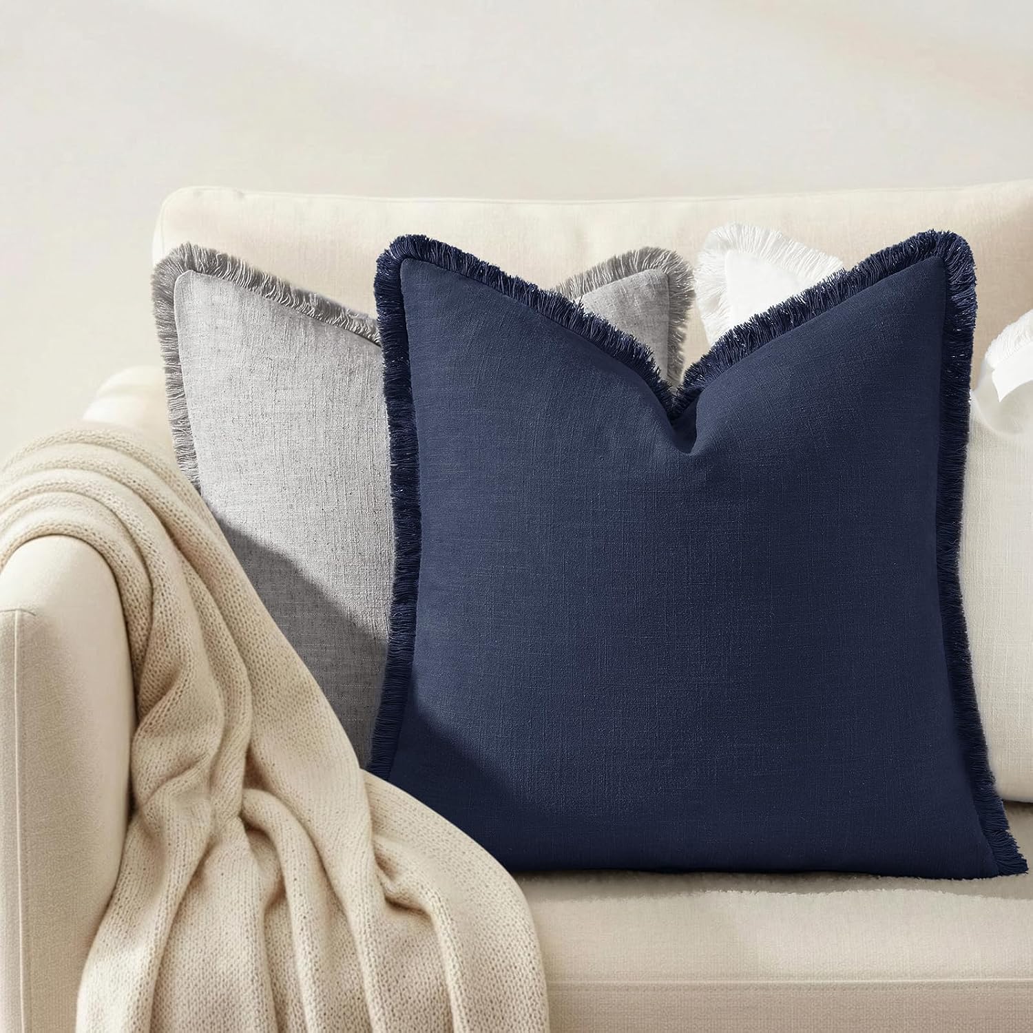 Navy Linen Fringe Throw Pillow Covers Set