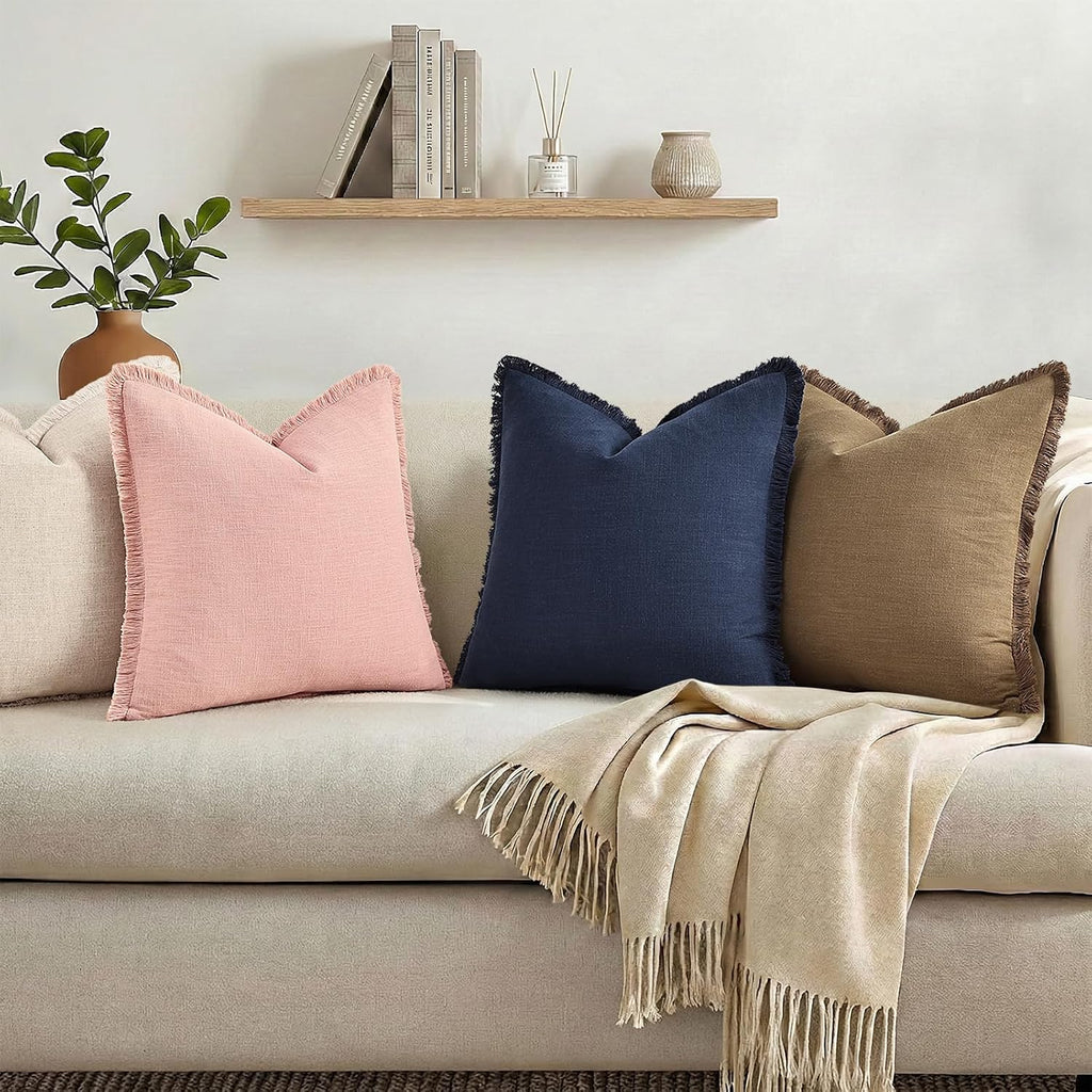 Navy Linen Fringe Throw Pillow Covers Set