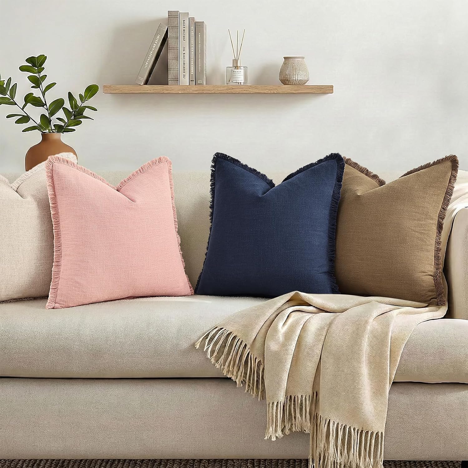 Navy Linen Fringe Throw Pillow Covers Set