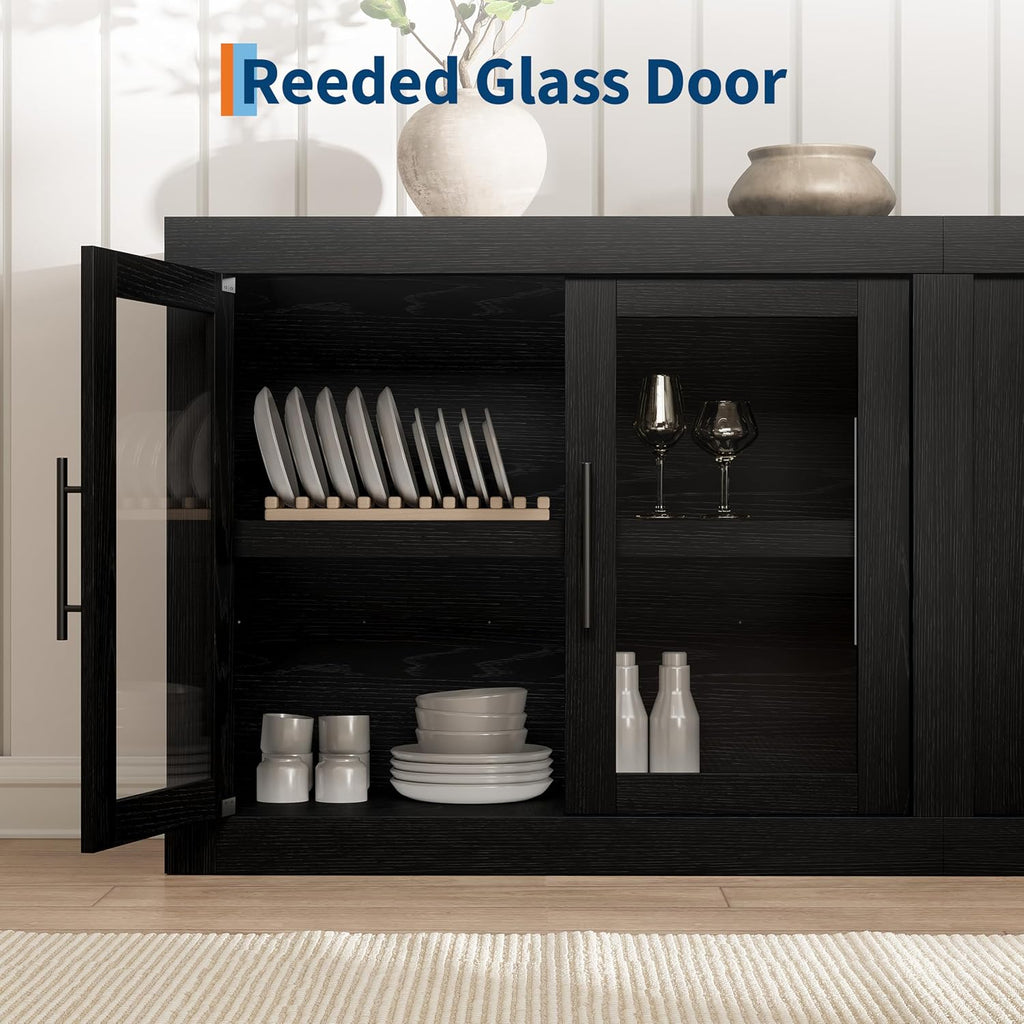 Black Glass‑Door Kitchen Sideboard Cabinet