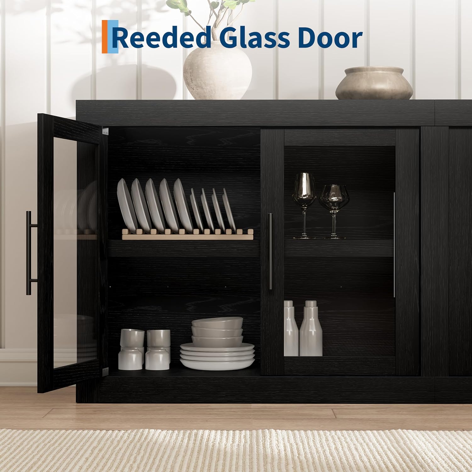 Black Glass‑Door Kitchen Sideboard Cabinet