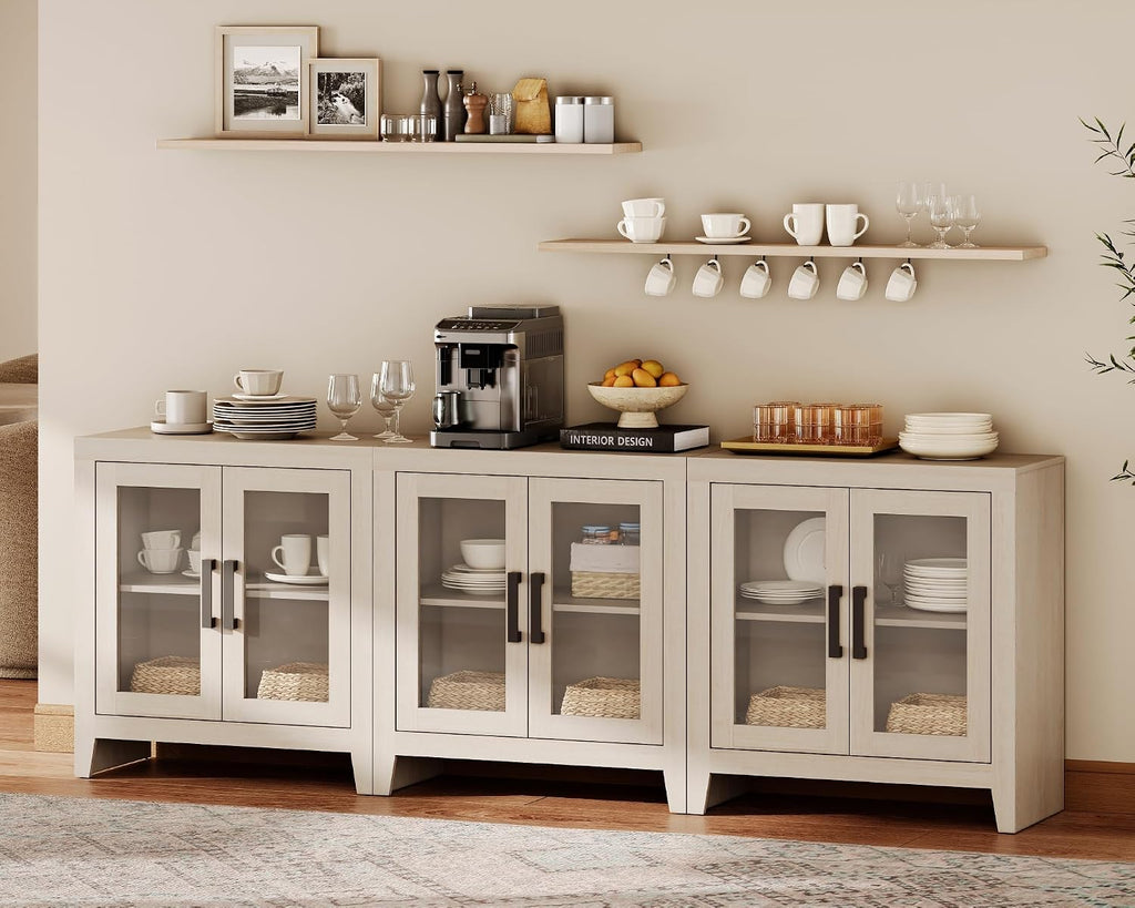 Beige Wood Sideboard Glass‑Door Storage Cabinet