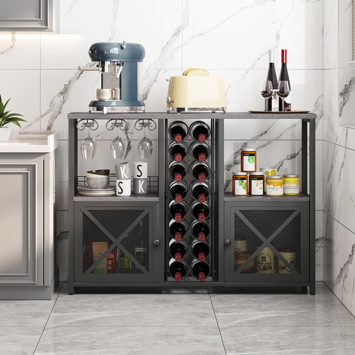 Grey Wooden Home Wine Bar Storage Cabinet