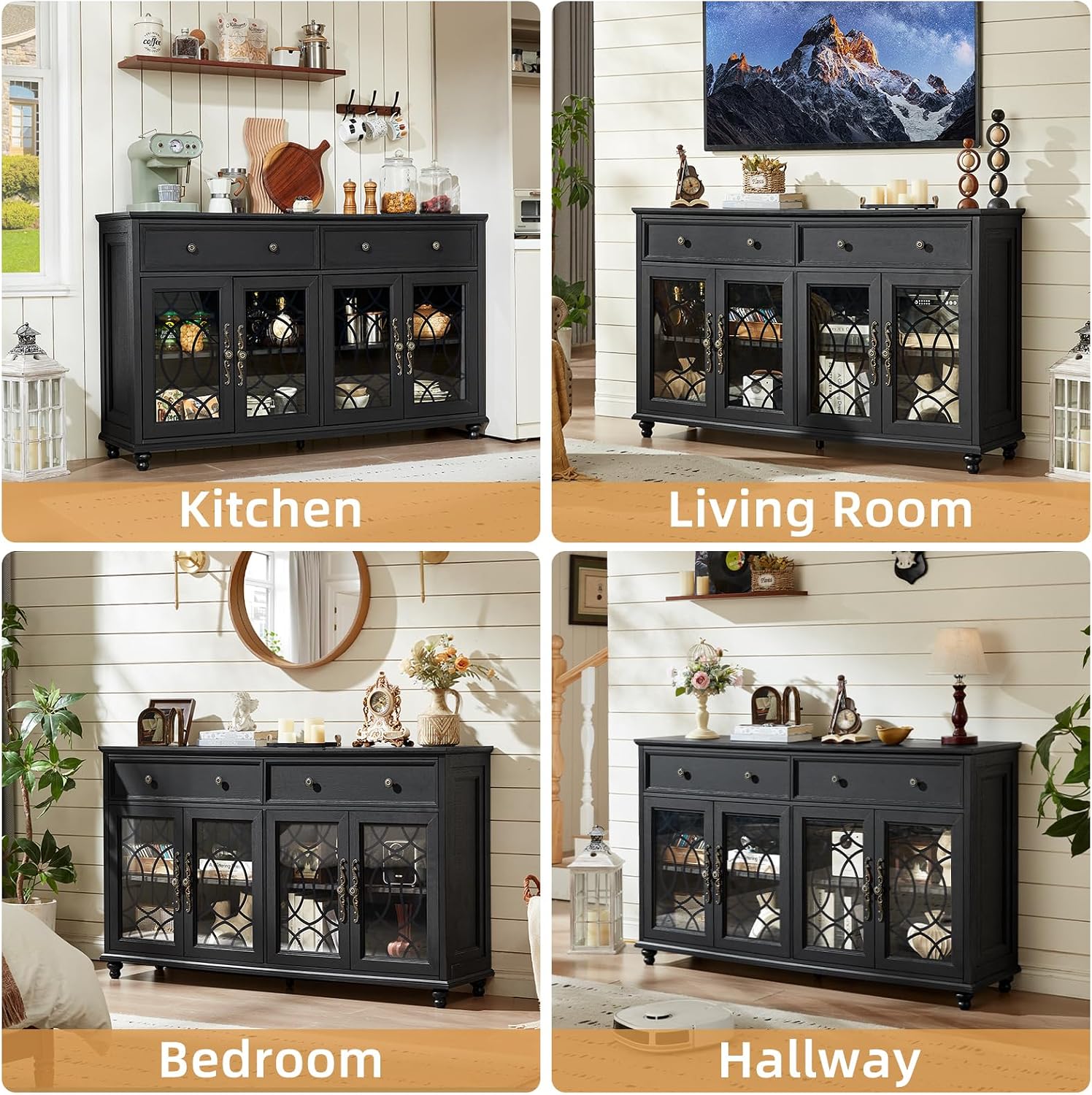 Black Farmhouse Glass‑Door Sideboard Cabinet
