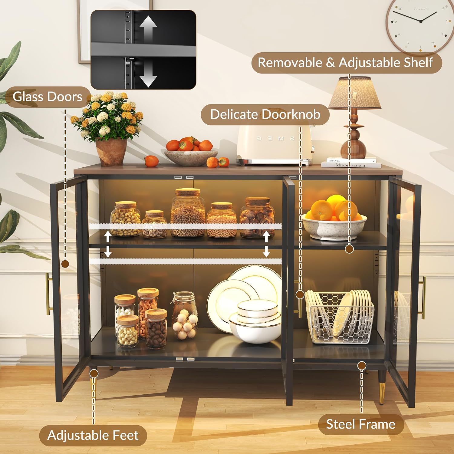 Glass LED‑Lit Kitchen Sideboard Buffet Cabinet