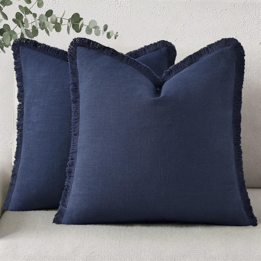 Navy Linen Fringe Throw Pillow Covers Set