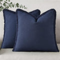 Navy Linen Fringe Throw Pillow Covers Set