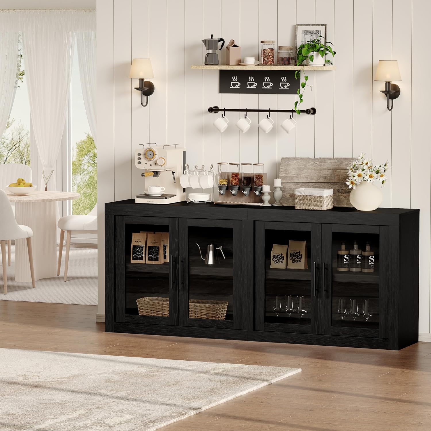 Black Glass‑Door Kitchen Sideboard Cabinet