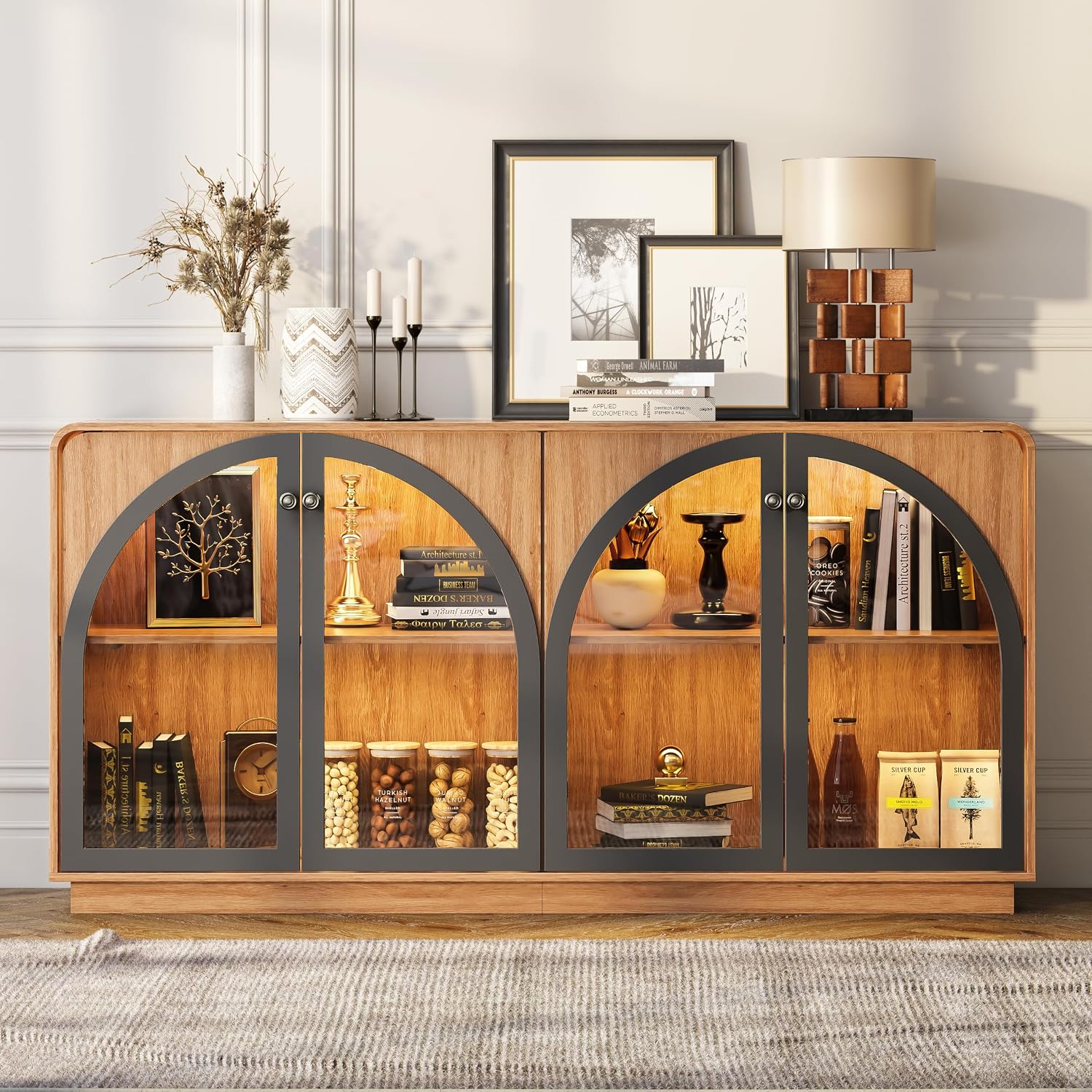 Black LED Glass‑Door Sideboard Storage Cabinet