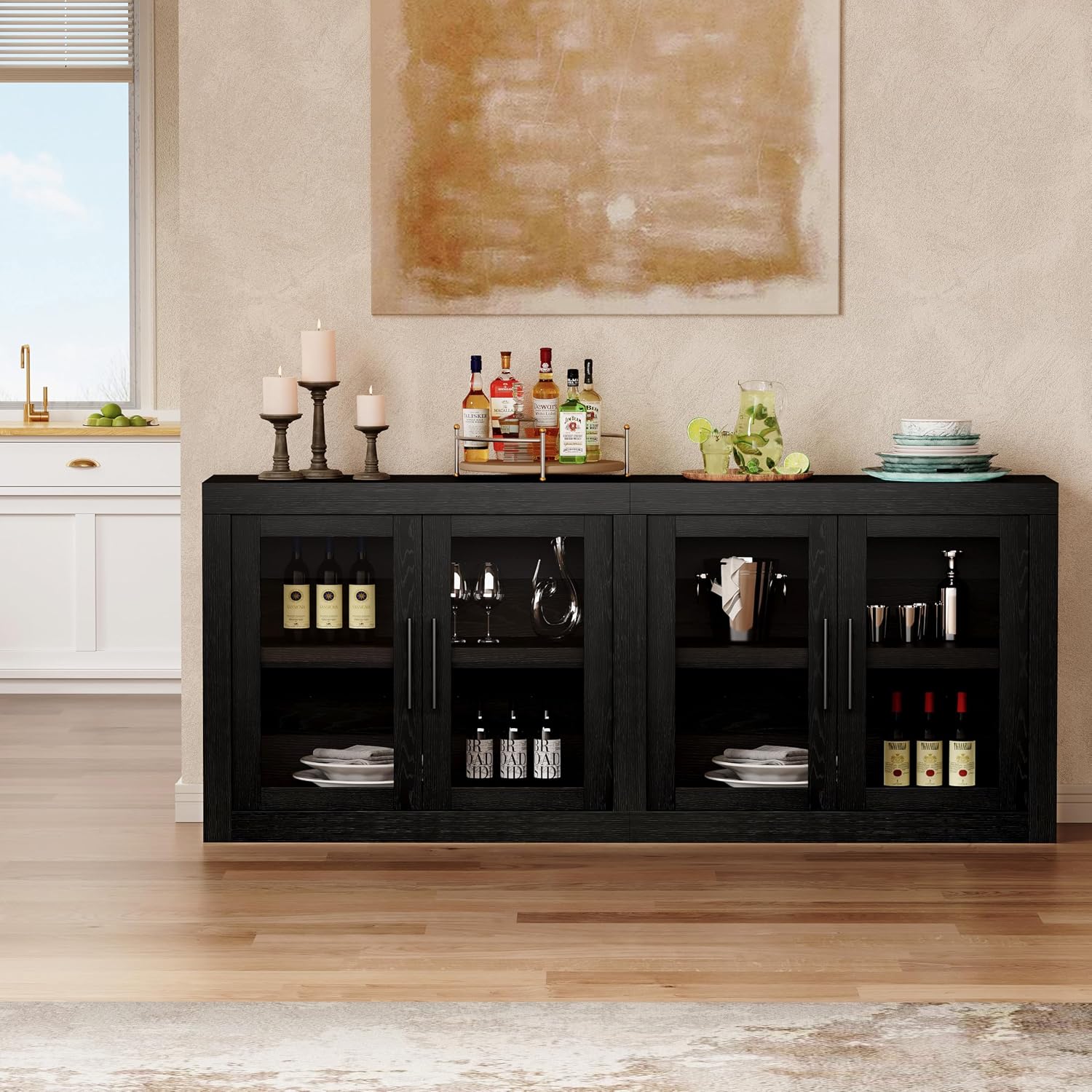Black Glass‑Door Kitchen Sideboard Cabinet